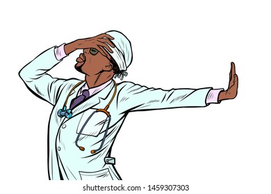 doctor man medicine. shame, denial gesture, no. Pop art retro vector Illustrator vintage kitsch drawing