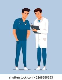 Doctor and man nurse stand with patient card. Medical staff in uniform study, discuss examination result, make note. Therapist giving treatment recommendation prescription, putting signature.