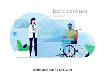 Doctor man and patient on a wheelchair choose a prosthesis
