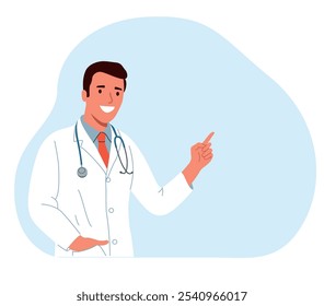  Doctor man point up at good deal and advices use this copy space.. Vector flat style cartoon illustration