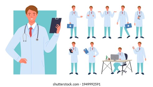 Doctor man poses infographic set, young male professional medic holding emergency box