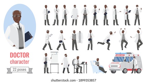 Doctor man poses vector illustration set. Cartoon elderly male medical worker character woking in hospital in different poses, senior medic, physician healthcare staff posing isolated on white