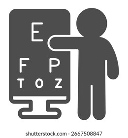 Doctor man at poster with letters solid icon, ophthalmology session concept. Vector graphics. Letters banner and human sign on white background, glyph style icon for mobile or web design