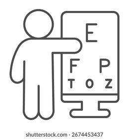 Doctor man at poster with letters thin line icon, ophthalmology session concept. Vector graphics. Letters banner and human sign on white background, outline style icon for mobile or web design