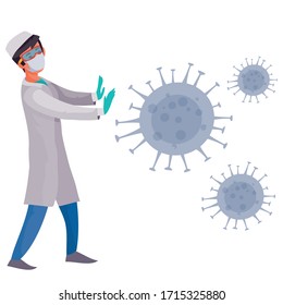 doctor man in a protective coat and mask fights with viruses, vector, virus, pandemic, epidemic, war,