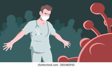 Doctor man saves people from coronavirus. Courageous hero. Vector illustration concept.