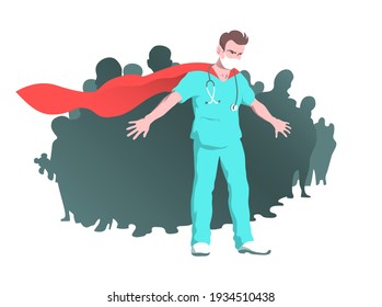 Doctor man saves people from coronavirus. Superhero medical worker. Vector isolated illustration on white background