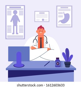 Doctor man seated at desk vector illustration