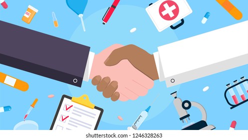 Doctor and man shaking hands flat style design vector illustration with abstract rays. Success deal, greeting, handshaking agreement isolated on background from medical and science equipment.