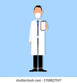 Doctor man showing a blank cellphone screen illustration on blue background