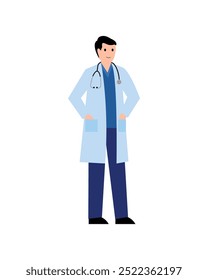 Doutor. Homem com estetoscópio. Ilustração simples de vetor plano.