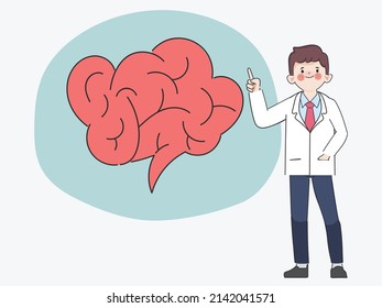 Doctor man talking about the brain. Hand drawn cartoon doctor character.