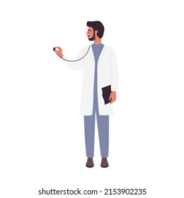 Doctor man using stethoscope. Medical uniforms and equipment, clinical care vector illustration