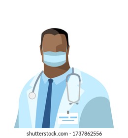 Doctor man. Vector image of a doctor with a stethoscope in a white medical gown and a protective mask. Color isolated illustration, avatar in a flat style