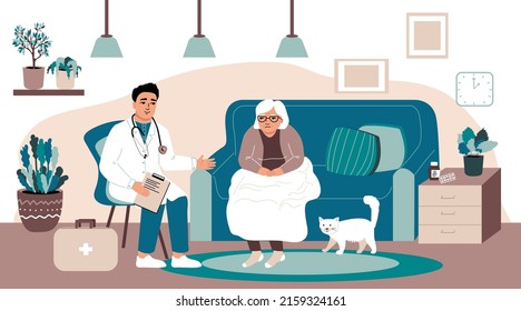 Doctor man Visiting an elderly woman at home.  Consultation of specialist in the house. Diagnosis of the disease. Vector illustration