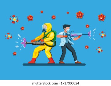 Doctor With Man Wear Hazmat Suit Fight And Destroy Bacteria Virus Use Disinfectant And Syringe As Weapon In Comic Cartoon Flat Illustration Vector