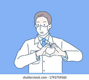 Doctor man wearing facial mask and doing heart symbol shape with hands. Hand drawn in thin line style, vector illustrations. (A Mask can be removable)