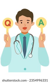 Doctor man wearing lab coats. Healthcare conceptMan cartoon character. People face profiles avatars and icons. Concept for QandA. Vector flat illustration.