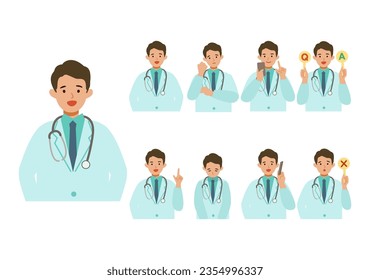 Doctor usando abrigos de laboratorio. Concepto de saludConjunto de colección de personajes de dibujos animados de un hombre. La gente se enfrenta a los avatares e iconos de los perfiles. Imagen de cerca de un hombre sonriente. Ilustración plana vectorial.