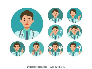 Doctor man wearing lab coats. Healthcare conceptMan cartoon character head collection set. People face profiles avatars and icons. Close up image of smiling man. Vector flat illustration.