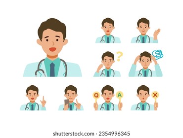 Doctor man wearing lab coats. Healthcare conceptMan cartoon character head collection set. People face profiles avatars and icons. Close up image of smiling man. Vector flat illustration.