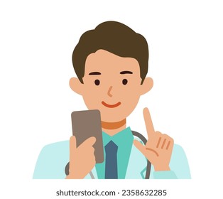 Doctor man wearing lab coats. Healthcare conceptMan cartoon character. People face profiles avatars and icons. Close up image of man using smartphone. Vector flat illustration.