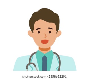 Doctor man wearing lab coats. Healthcare conceptMan cartoon character. People face profiles avatars and icons. Close up image of smiling man. Vector flat illustration.