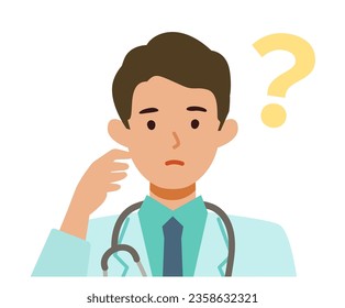 Doctor man wearing lab coats. Healthcare conceptMan cartoon character. People face profiles avatars and icons. Close up image of asking man. Vector flat illustration.