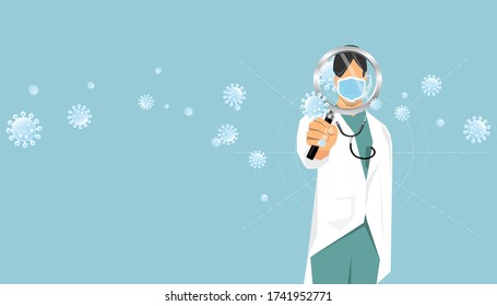 Doctor man wearing a medical mask.
 fight together for find a vaccine to prevent disease coronavirus COVID-19 Illustration medical.