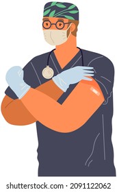 Doctor man wearing protective mask showing his arm with bandage after receiving covid-19 vaccine. Concept of vaccination, health, immunization, healthcare, call of fight against coronavirus