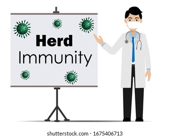 Doctor man wearing surgical face mask presenting "Herd Immunity" strategy to reduce of COVID-19 infection. Vector Illustration. Idea for corona virus (COVID-19) outbreak, prevention and awareness. 