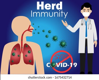 Doctor man wearing surgical face mask explain "Herd Immunity" strategy to reduce of COVID-19 infection. Vector Illustration. Idea for corona virus (COVID-19) outbreak, prevention and awareness. 