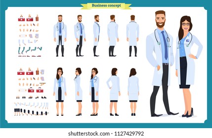 Doctor Man and Doctor woman character constructor with various views, hairstyles, poses and gestures. Front, side, back view. Cartoon style,  flat vector isolated.woman, lady, female illustration.