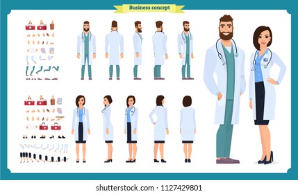 Doctor Man and Doctor woman character constructor with various views, hairstyles, poses and gestures. Front, side, back view. Cartoon style,  flat vector isolated.woman, lady, female illustration.