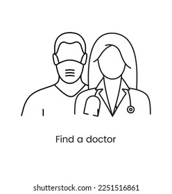 Icono de la línea del doctor en vector, ilustración del personal médico, hombre enmascarado, mujer y estetoscopio.