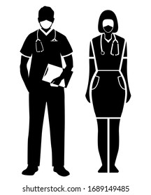 Doctor man and woman in medical masks. Silhouettes of doctors on a white background