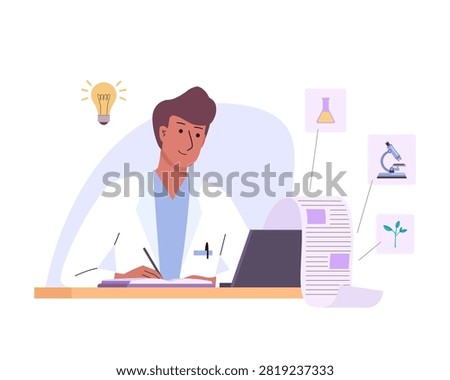 Doctor man writing scientific article. Data study, health related, epidemiology, outbreaks analysis. Male medical scientist with laptop working at her desk. Flat vector illustration