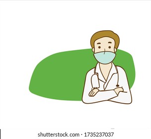 Doctor with mask against Corona Virus (Covid-19) cross his arm on green background