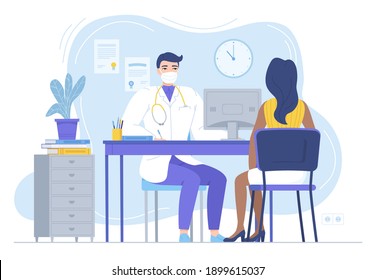 Doctor in mask consulting female patient. Physycian sitting at the desk with monitor. Family therapist, health care, clinic workspace concept. Stock vector illustration in flat style isolated on white