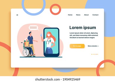Doctor in mask consulting patients via smartphone. Pandemic, isolation, phone flat vector illustration. Medicine and digital technology concept for banner, website design or landing web page