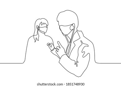 doctor in mask examines a masked patient. one line drawing doctor listens to the chest of a woman with a stethoscope.