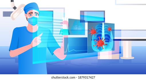 doctor in mask examining x-ray viral pneumonia symptom coronavirus cells fight against covid-19 concept horizontal portrait vector illustration