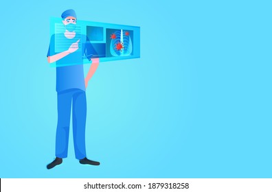 doctor in mask examining x-ray viral pneumonia symptom coronavirus cells fight against covid-19 concept horizontal full length vector illustration