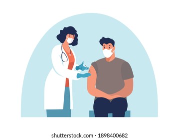 Doctor In A Mask And Gloves In A Clinic Makes A Man A Coronavirus Vaccine, Conceptual Illustration Of Immunity. Adult Immunization, Covid Vaccine. Flat Illustration Isolated On White Background