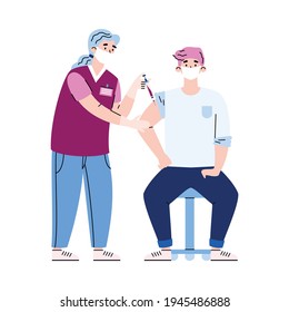 Doctor in mask and gloves giving injection coronavirus vaccine to man patient