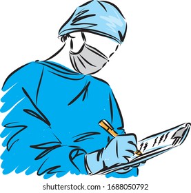doctor with mask and gloves taking notes vector illustration