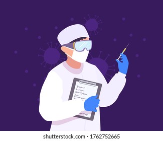 The doctor in a mask and goggles holds a syringe with a vaccine against coronavirus. Vaccinate shot. Covid-19 molecules on a colored background. A vector cartoon illustration.