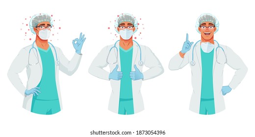 Médico con máscara, sombrero y guantes que se muestran bien, pulgares hacia arriba y dedo hacia arriba. Protección contra el coronavirus. Ilustración vectorial aislada de tamaño completo bajo máscara de recorte.