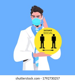 doctor in mask holding yellow round sign for social distancing coronavirus pandemic protection measures portrait vector illustration
