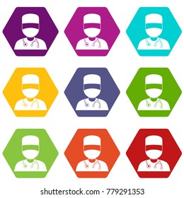 Doctor with mask icon set many color hexahedron isolated on white vector illustration